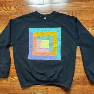 Gildan Black Crewneck Sweatshirt with Multicolor Patchwork Square